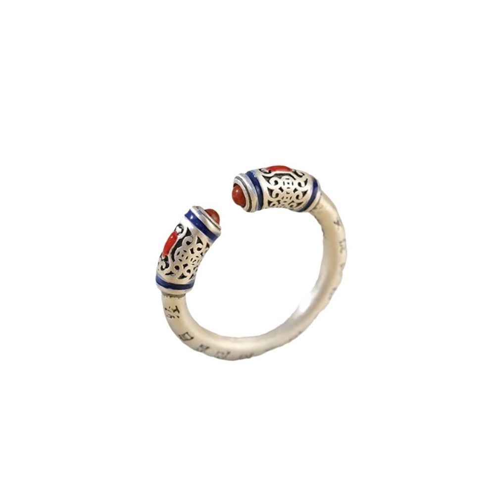 Heart Sutra Carving Ethnic Ancient Style Ring Flower Engraving Silver Color Open Rings Women