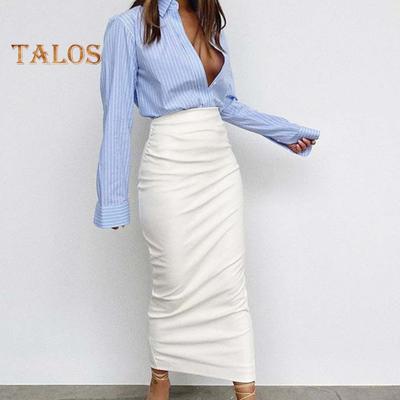 Saia midi de couro sintético feminina, cintura alta, quadril envolto, cor sólida, saia longa, slim fit, saia skinny, streetwear