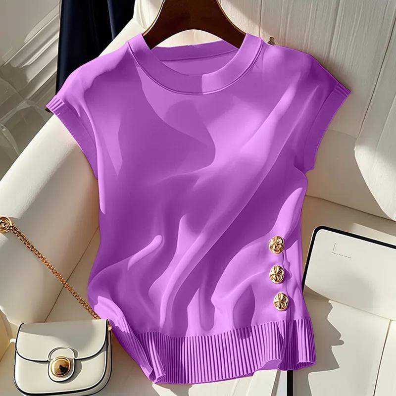 French Light Luxury Style Beautiful Pink Round Neck Knitted Sleeveless T-shirt for Women In Summer Chic Age-reducing Top