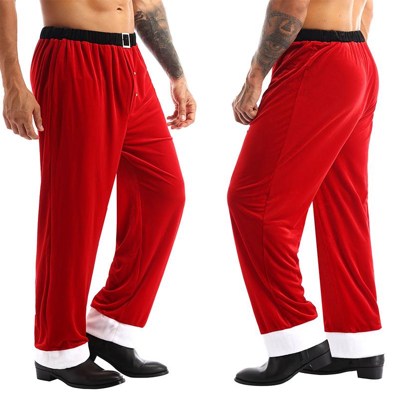 Yunduantong-home Heren Kerstman Broek Kerst Cosplay Kostuum Rood Zacht Fluweel Lange Losse Broek M rood