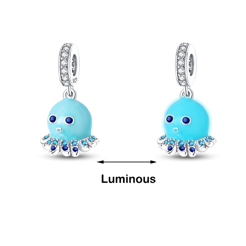 Abalorios luminosos de plata de ley 925 auténtica con forma de ballena, pulpo, concha marina, color azul, aptos para pulseras originales 925, joyería fina DIY