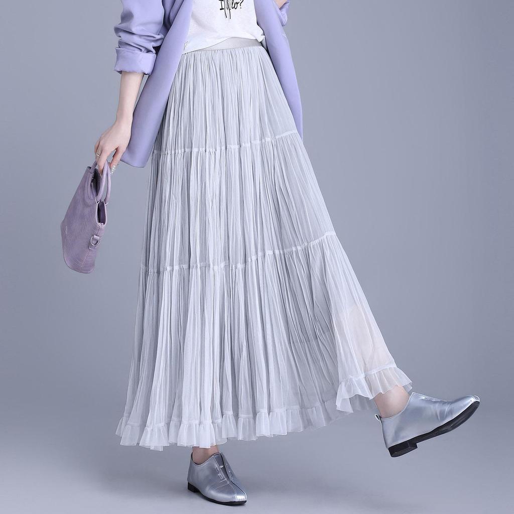 Women's 2026 Retro Ruffled Pleated Mesh Skirt - Slimming Elastic Waist, Early Spring