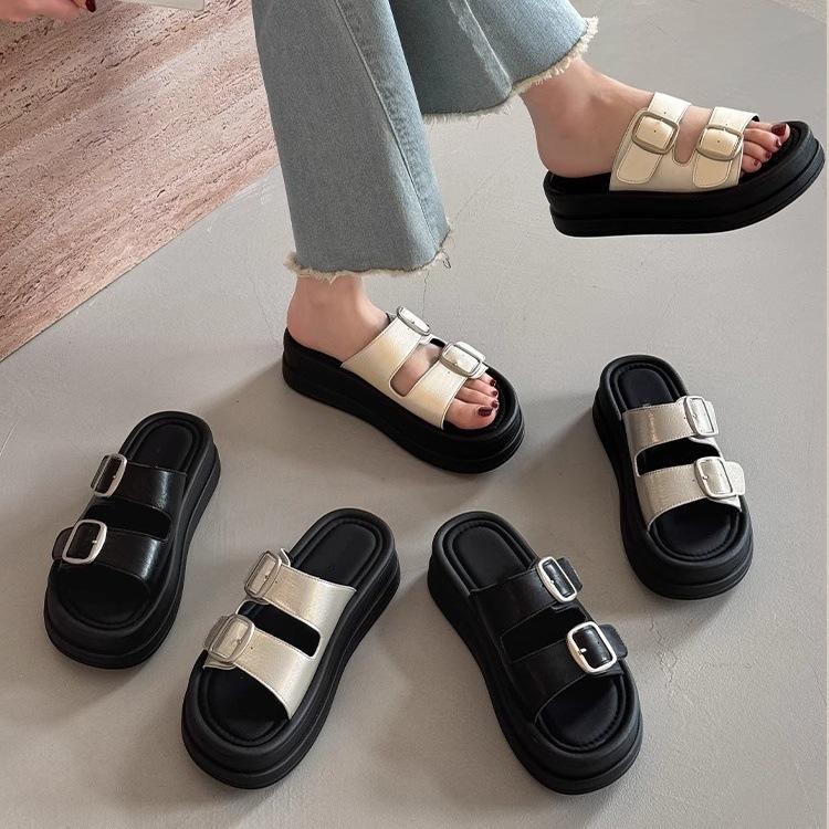 Platform slippers women's summer wear new belt buckle open-toed casual beach shoes muffin bottom one-word sandals