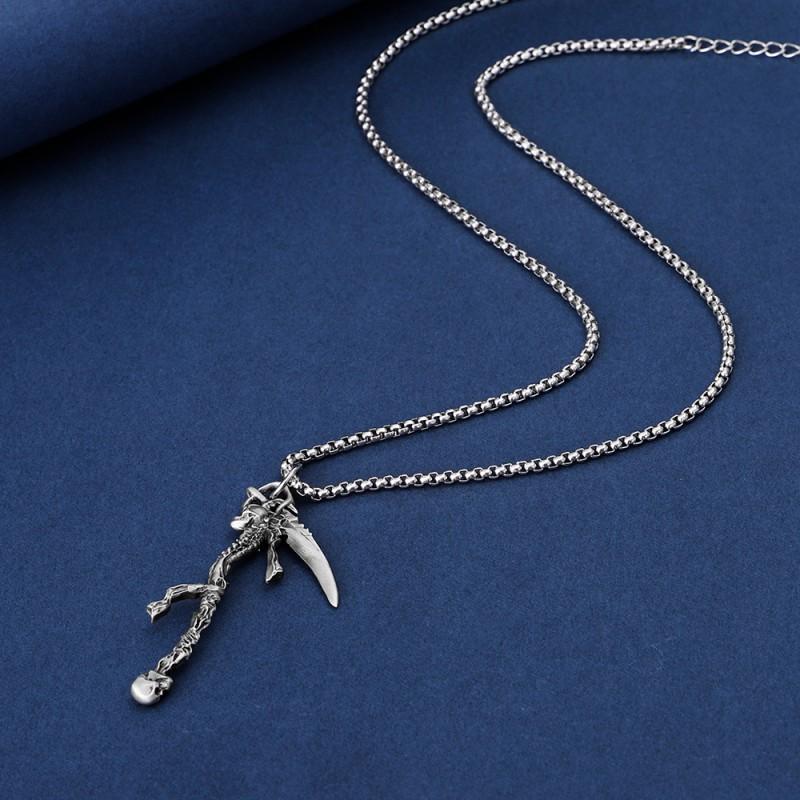 Gothic Punk Skull Reaper Pendant Necklace Men Titanium Steel Box Chain Dark Style Hip Hop Accessory
