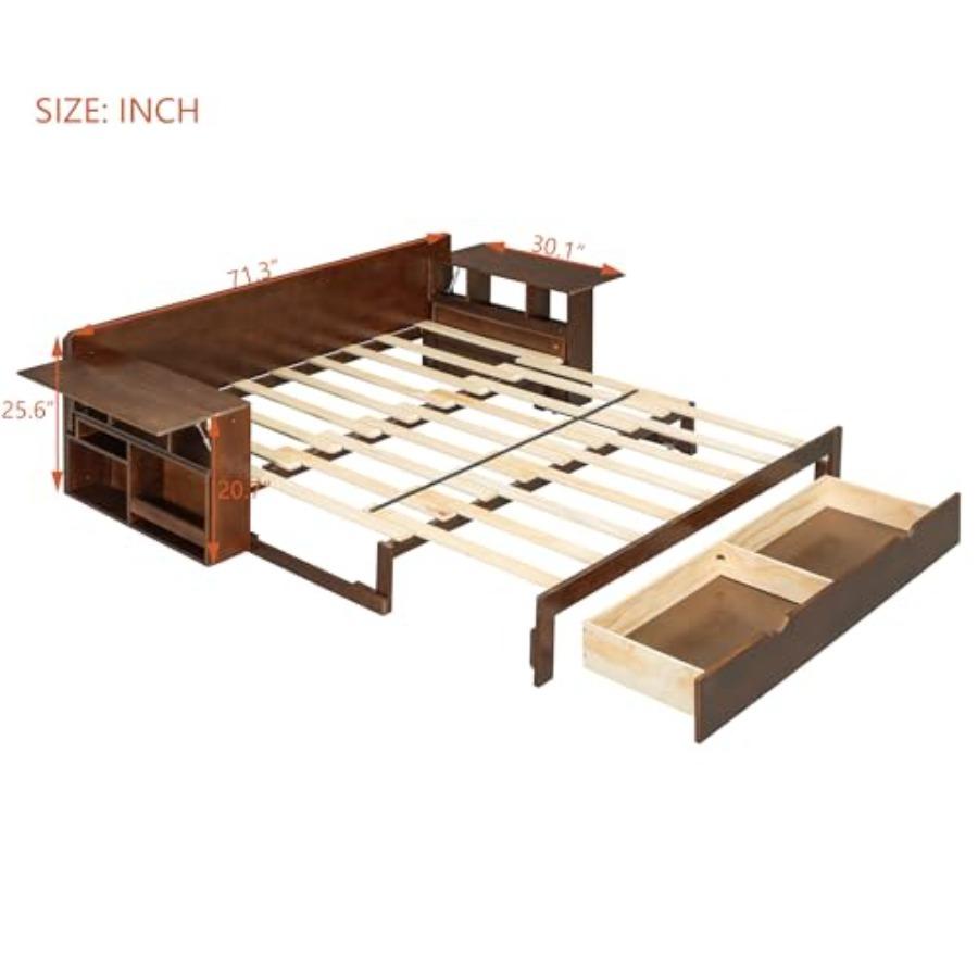 Queen Size Daybed with Removable Desk, Storage Drawers and Hydraulic Side Table, 4-in-1 Multifunctional Sofa Bed for Small Spac