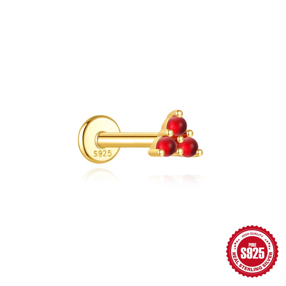 S925 Sterling Silver Green Fresh Retro Red Color Flat Head Stud Earrings Round Personality Versatile Earbone Stud Puncture