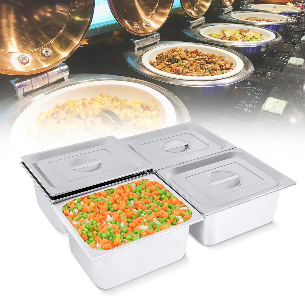 4pcs Stainless Steel Steam Hotel Pans for Buffet, Catering, 1/2 Size X 6" Deep, 7L Each Commercial Grade, Anti-Jam Design W/ Lid