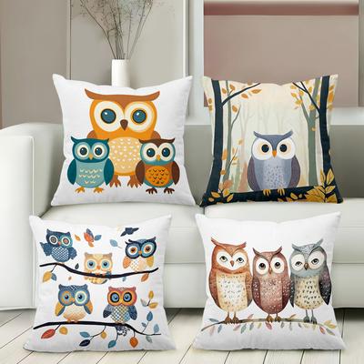 Set Of 4 Cute Owl Print Throw Pillow Covers Pattern Cushion Cover Suitable For Sofa Bedroom Car Pillow Cover