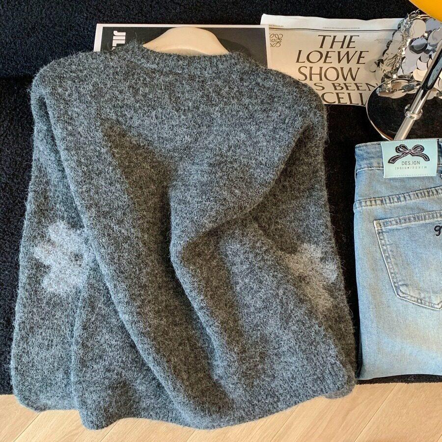Korean Retro Floral Jacquard Knit Cardigan - Women's Autumn/Winter Loose Slimming Sweater Coat