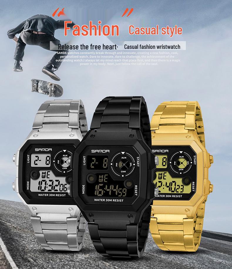 Sanda Men's Waterproof Multifunctional Digital Watch - Small Square, Steel Band