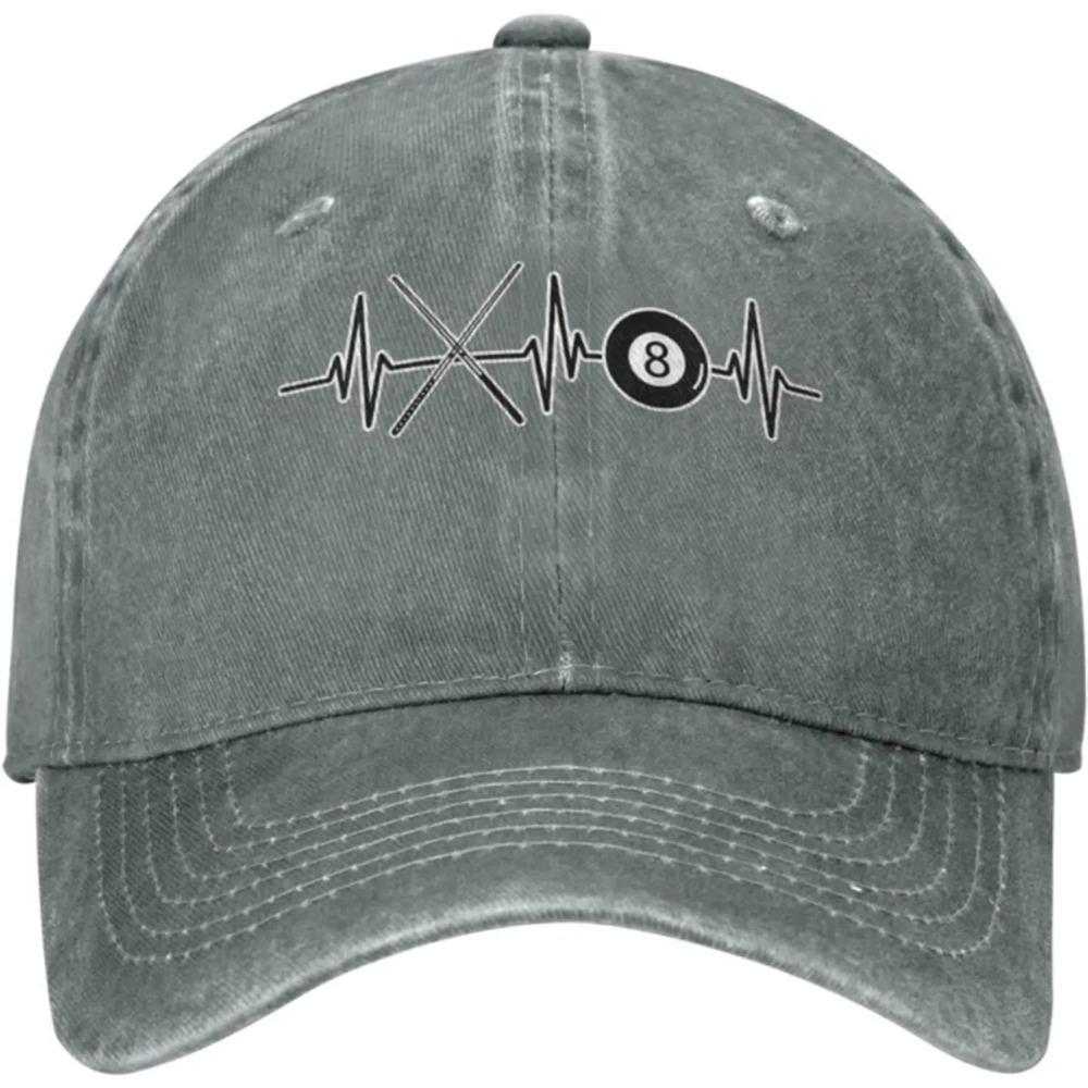 Womens Mens Adjustable Baseball Cap with Billiards Ball 8 Pool Cues Heartbeat Pattern Denim Fabric Snapback Hat