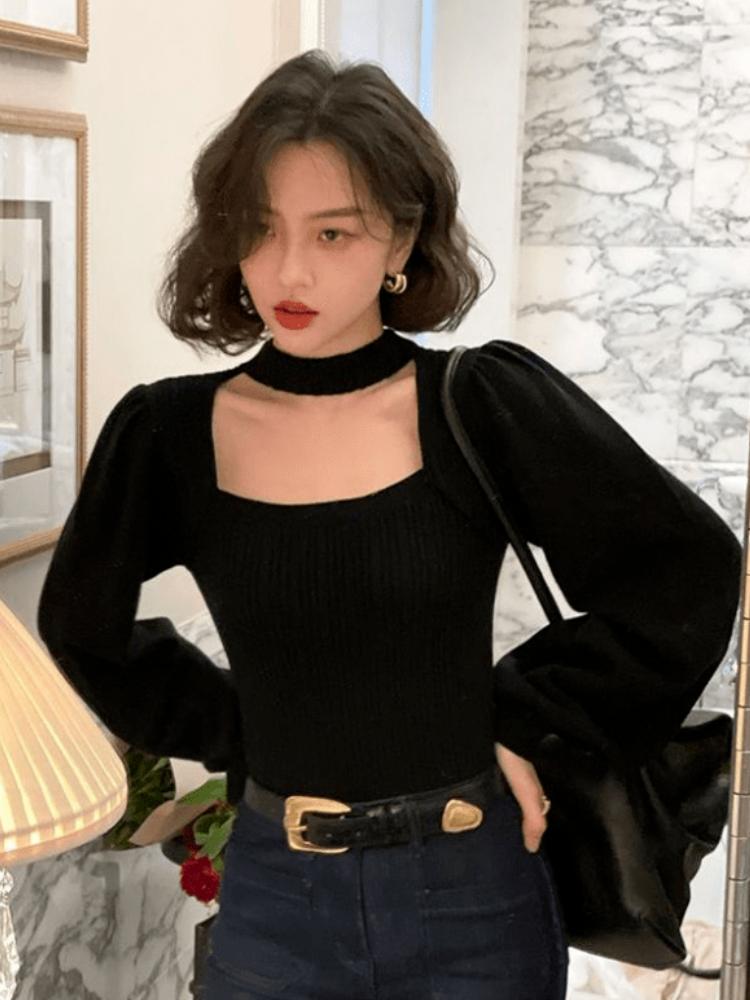 

Свитера осень и зима. Новые нишевые рубашки с рукавами-фонариками, квадратным вырезом и трикотажные топы с длинными рукавами. M чёрный