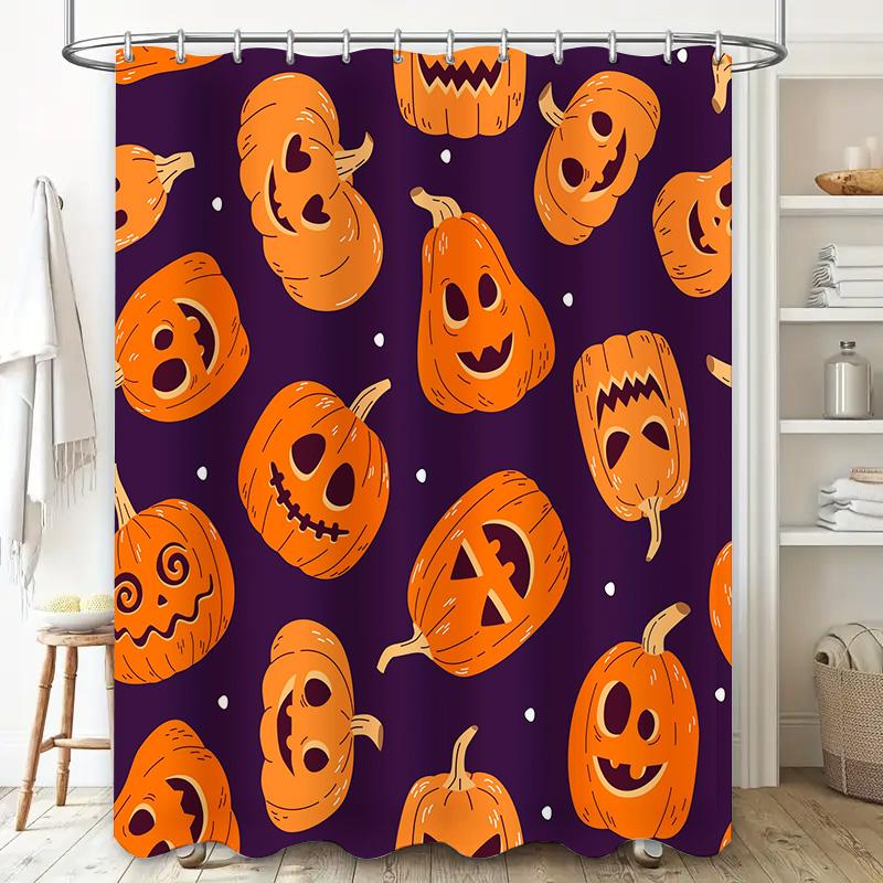 Purple Halloween-themed shower curtain with orange jack-o'-lanterns 3D printing technology for waterproof bathroom decorationAli