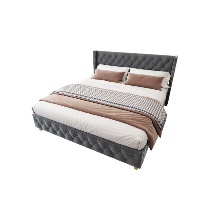 Lit Capitonné - MUVOE - 160x200 Cm - Tête De Lit Avec Boutons - Velours Gris - 2 Places