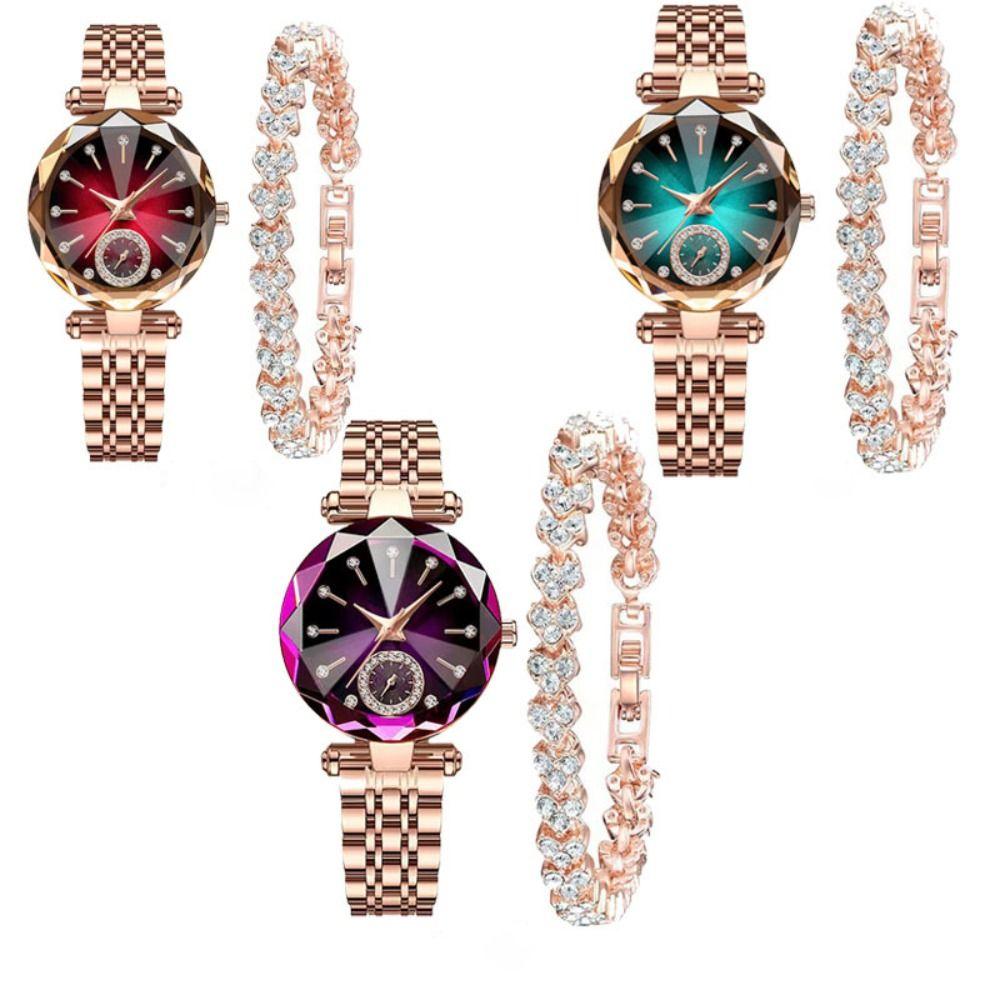 Luxury Rhinestone Quartz Watches Exquisite Watch Bracelet Set Rose Gold Watch Daily Use