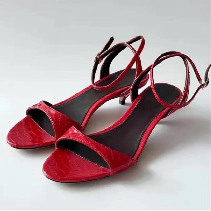 Fashion Red Kitten Heel Brand Women Sandals Sexy Open Toe Ankle Strap Buckle Designer Shoes Elegant Shallow Office Shoe Zapatos De Mujer