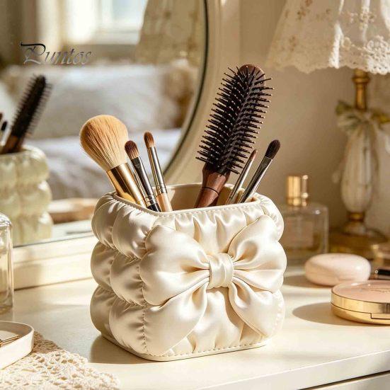 Tubular Pen And Brush Organizer Bow Holder, Silk Texture High-Density Case, Large Design Makeup Holder Capacity Elegant Organizer, for Desktop Storage