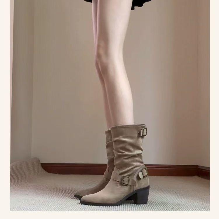 Fashion belt buckle decoration thick heel pointed boots children 2025 autumn new retro Internet celebrities pile boots women