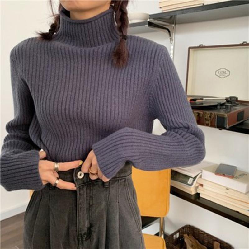 

Winter Half-high Collar Rolled Edge Temperament Pit Strip Inside Take Sweater Women Warm Light Ripe Skin-friendly Bottoming Knitting темно-синий