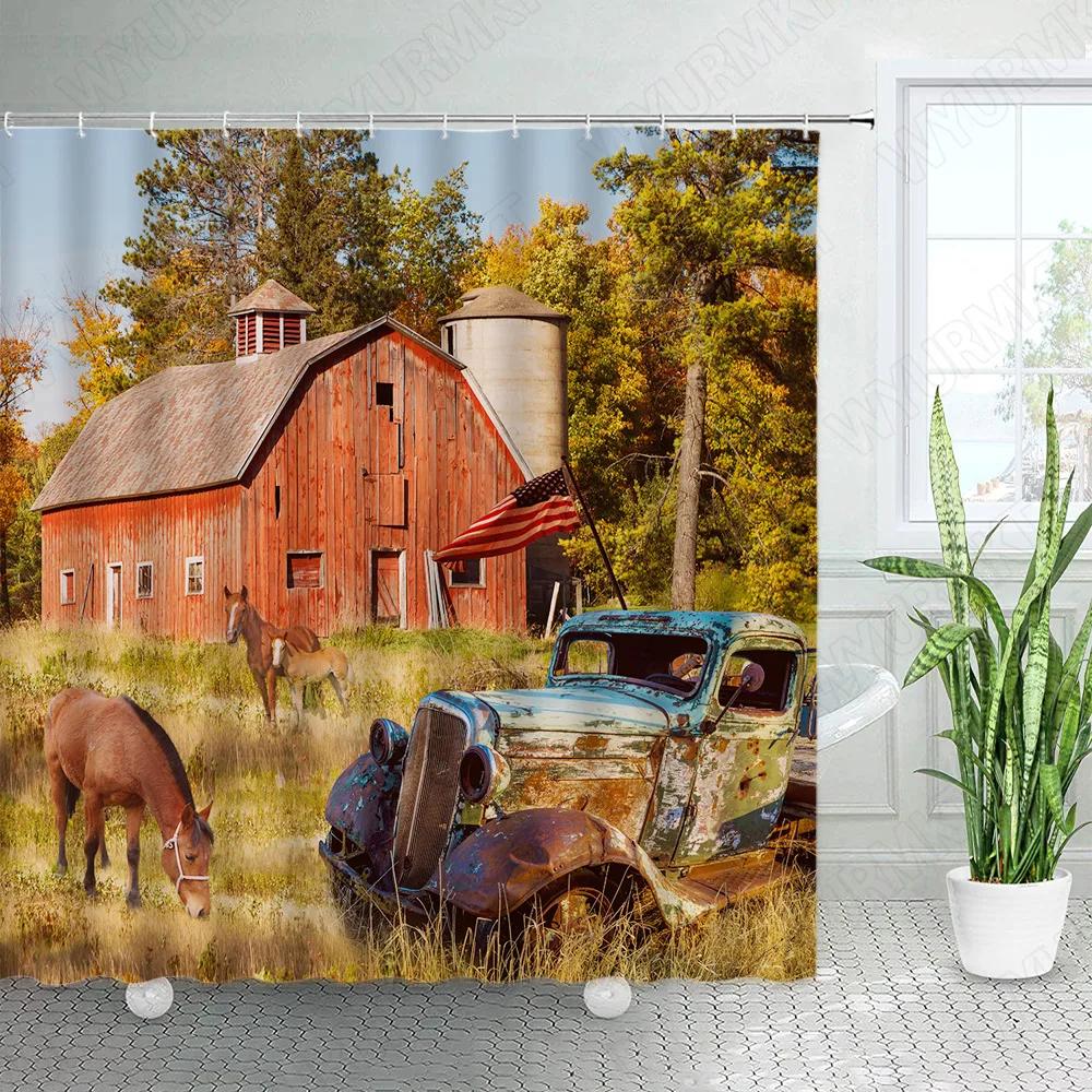 Western Horse Shower Curtains Running Horses Farm Animal Country Unique Oil Painting Abstract Art Fabric Bathroom Deco Set Hooks
