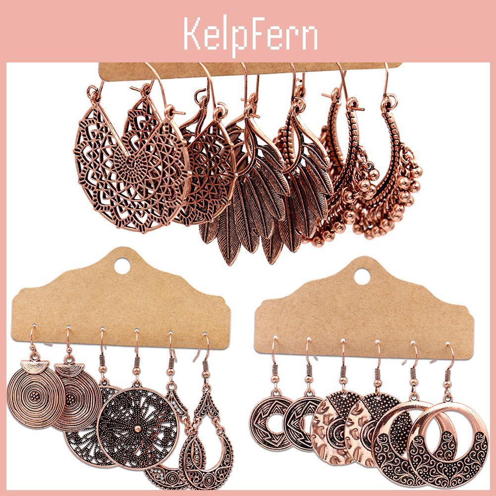Gypsy Bracelet Fashion 3pairs Boho Women Feather Round Hollow Dangle Hook Earrings Party Jewelry