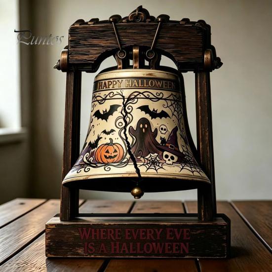 Housewarming Gift Ideas Vintage Halloween Wooden Bell Decor, Rustic Farmhouse Shelf Sitter with Artistic Photo Props Metal Wood Stand, Tabletop