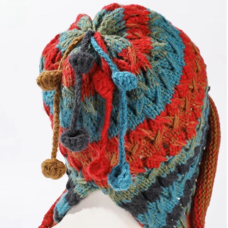Women Autumn and Winter Nation Fashion Pure Handmade Fringed Dopamine Plush Colorful Ball Thick Hollow Out Ear Protection Knitted Pullover Hat