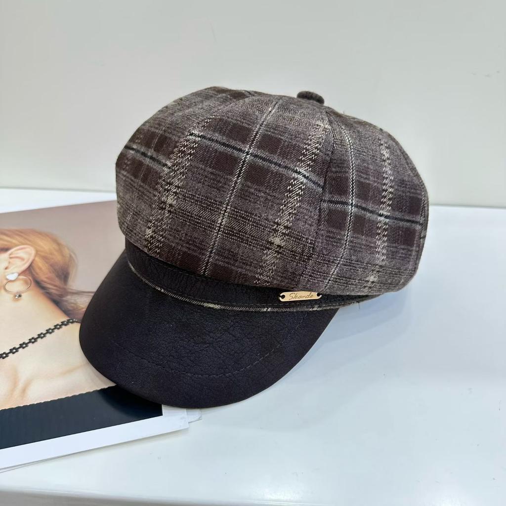 New PU leather brim plaid octagonal hat children autumn and winter travel temperament beret retro casual newsboy hat