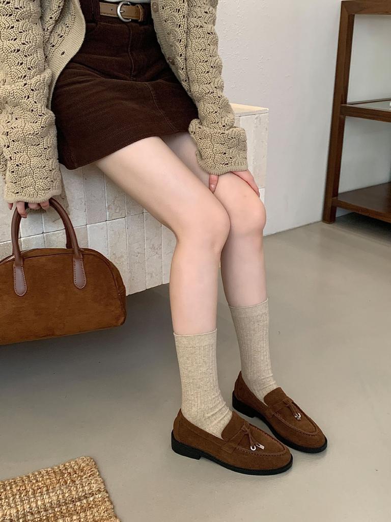 Korean version of round head metal buckle thick heel deep mouth single shoes women's 2025 new spring and autumn suede versatile loafers