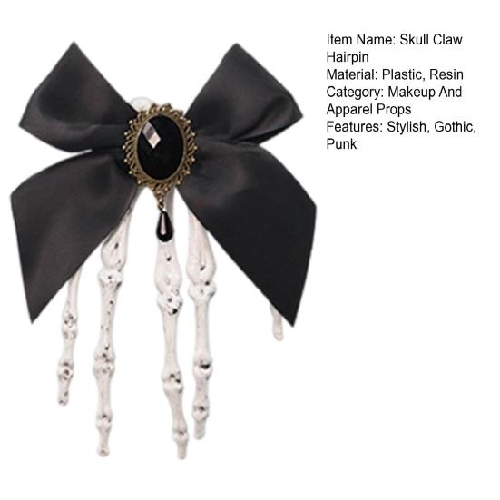 Halloween Skeleton Hand Hair Clips with Bowknot Faux Crystal Hand Bone Hairpin Gothic Skull Claw Hair Accessories for Girls Party Cosplay
