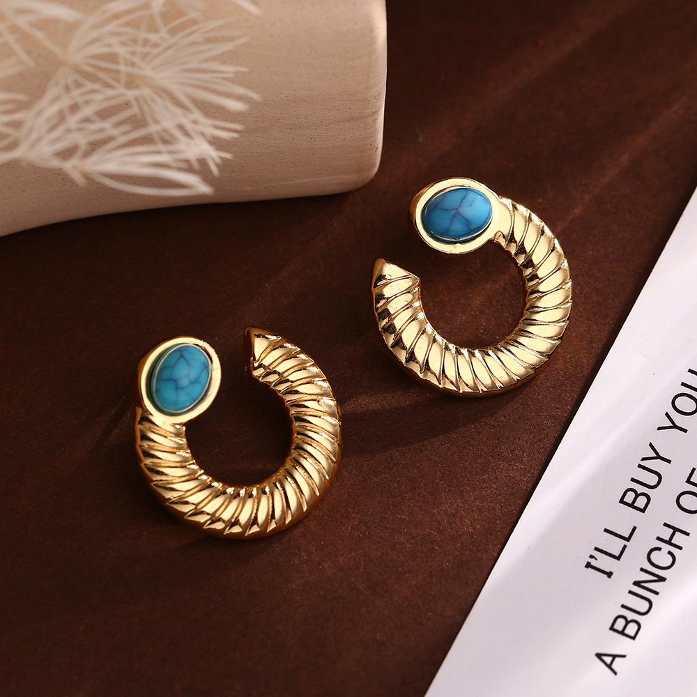 Stainless Steel High-end French Retro Light Luxury Niche Stainless Steel Turquoise Inlaid Fan-shaped Irregular Earrings