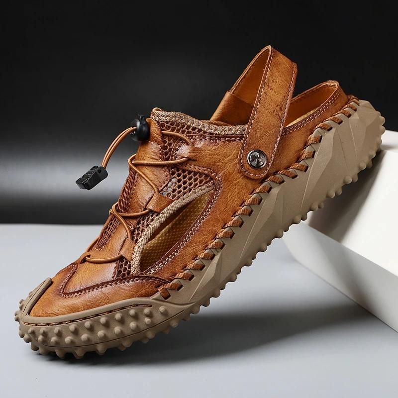 Fashion Men's Casual Leather Half Slipper Shoes Classic Men Sandals Summer Outdoor Walking Male Sneakers Breathable Man Hollow Out Flats