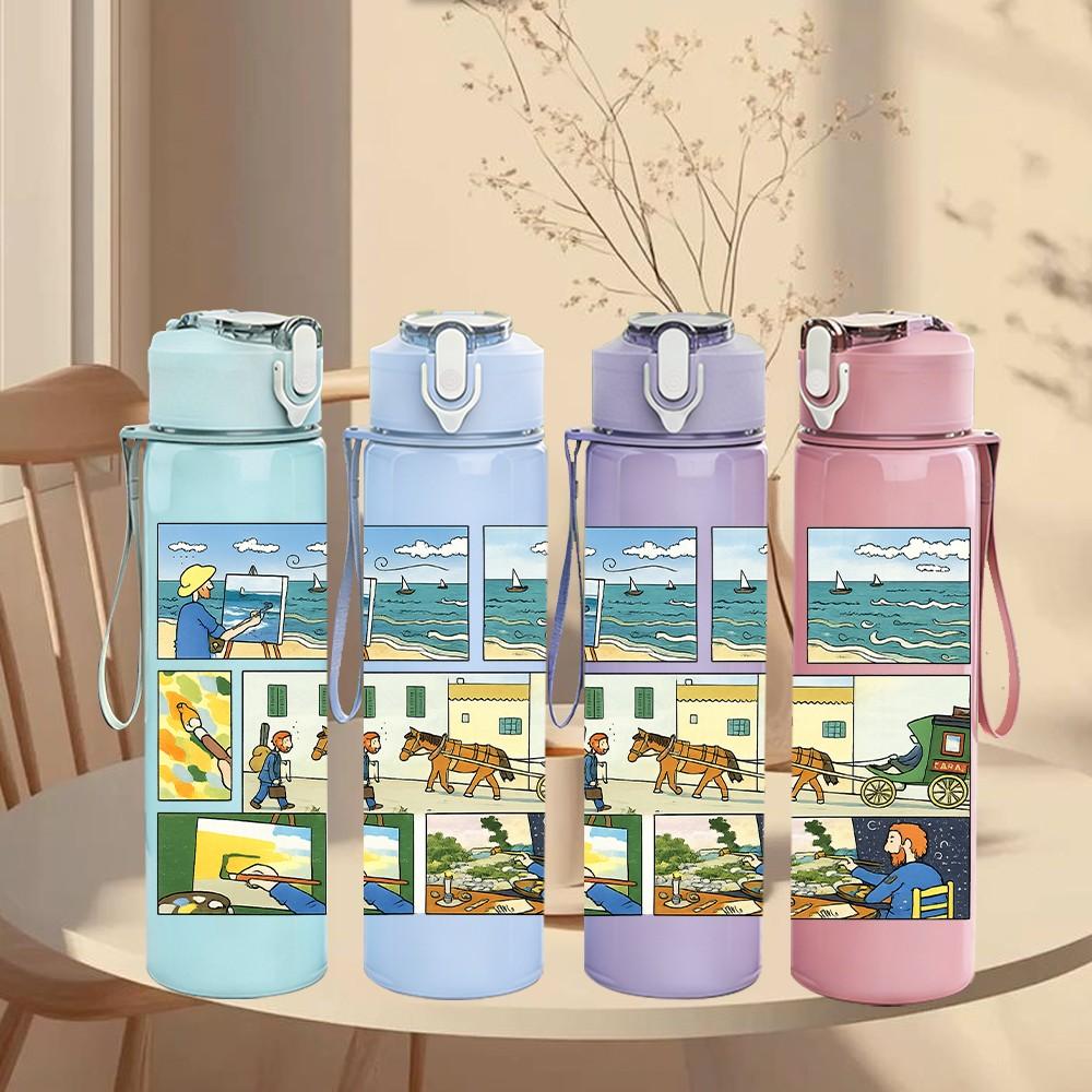1PC Colorful Village Landscape 750ml Color Plastic Sports Water Bottle Leakproof Flip Straw Lid Suitable for Sports Office Home Use