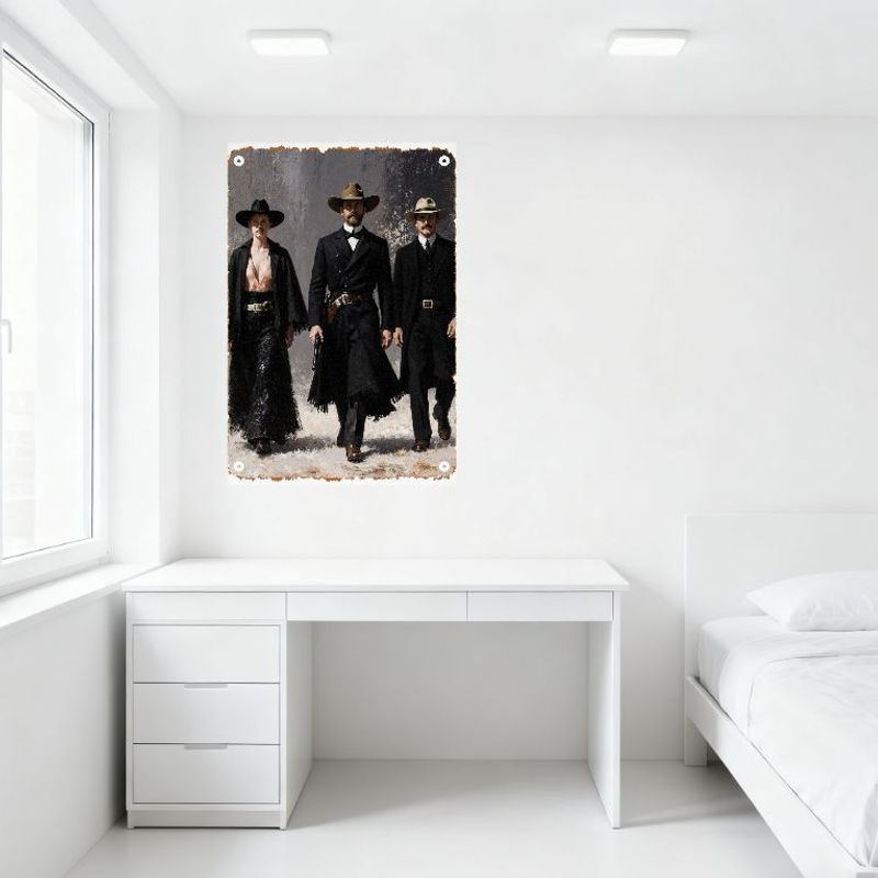 Vintage Western Three Men Walk Tin Sign, Rustic Textured Historical Art Wall Plaque for Man Cave Bar Home Decor