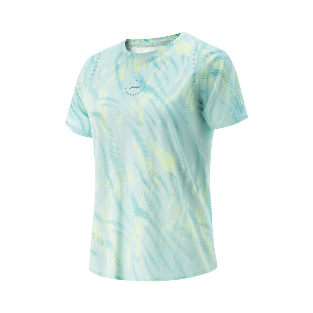 Li-Ning Running Series All-Over Print Breathable Versatile Short Sleeve T-Shirt Women Tops Cloud-Porcelain-Blue ATSV376-2