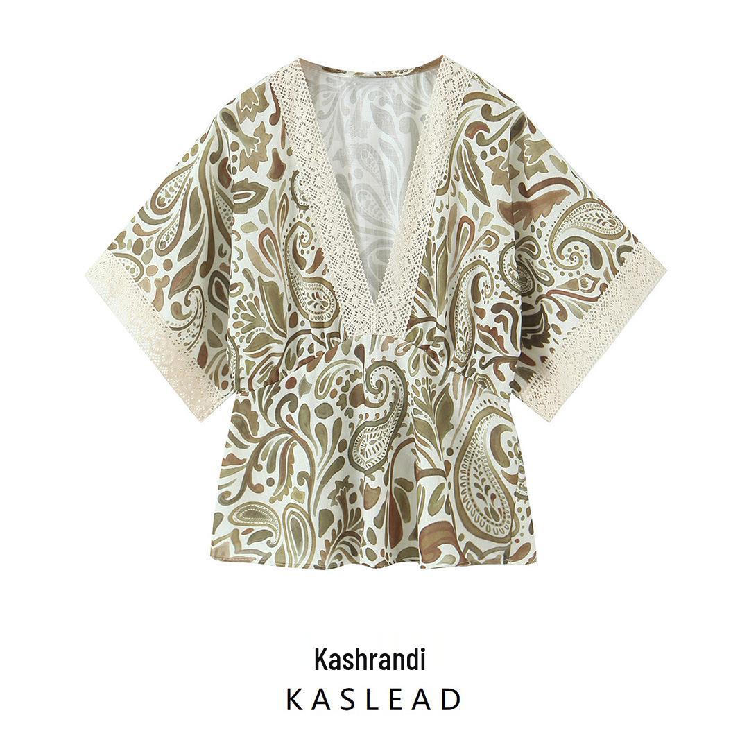 

2025 Spring Women s European-American Style Fashion Crochet Layered Print Top Large