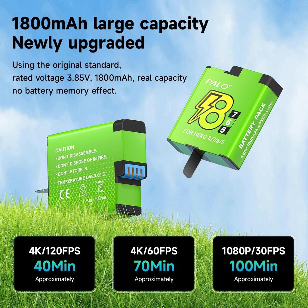 PALO 1800mAh Battery for GoPro Hero 8/7/6/5+LCD Black Battery Charger for GoPro