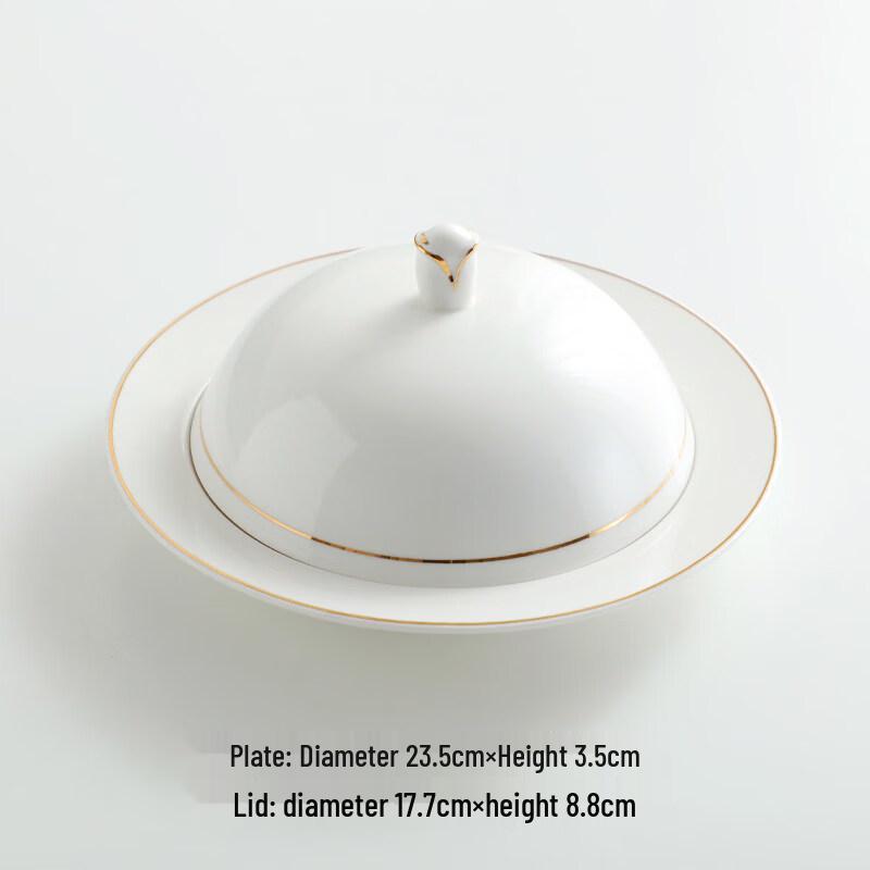 Nordic Style Ceramic Dinner Plate with Gold Rim and Lid