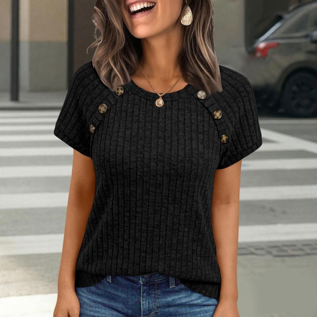 Spring Summer New Women's Knit Short Sleeve T-shirt, European American Style Crew Neck Button Design Slim Fitted Tops
