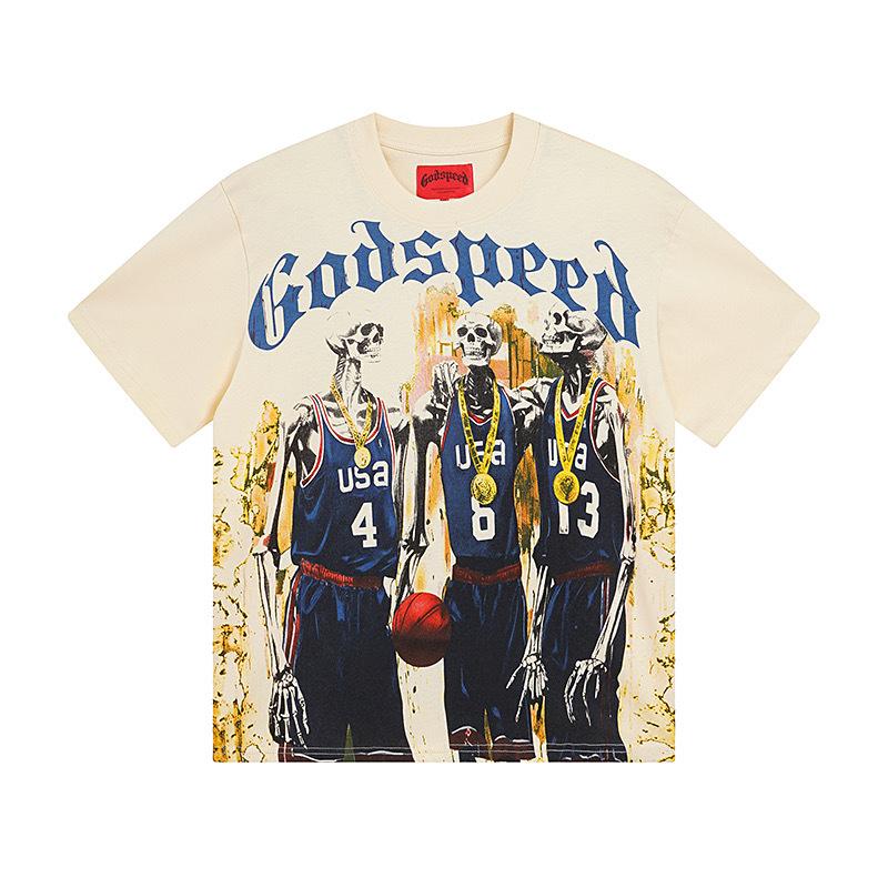 25SS Grensoverschrijdend Meichao Godspeed Schedel Rockband Basketbal Retro Korte Mouw T-shirt Koppels Dezelfde Stijl