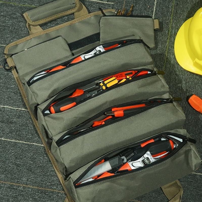 Werkzeugrolle Tasche Leinwand Werkzeugtasche Aufrollbare Tasche Kleine Werkzeugtasche mit 4 Reißverschlusstaschen Verschleißfeste Werkzeug-Transporttasche Werkzeug