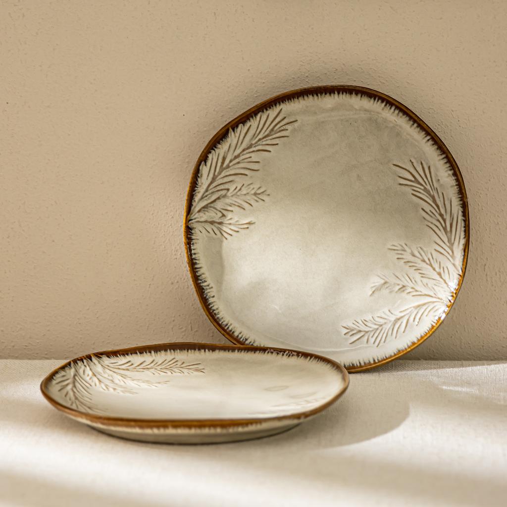 Handmade Relief Branches And Leaves Ceramic Plate Retro Brown Edge Household Vegetable Plate Salad Plate Ramen Plate Japanese Special-Shaped Plate