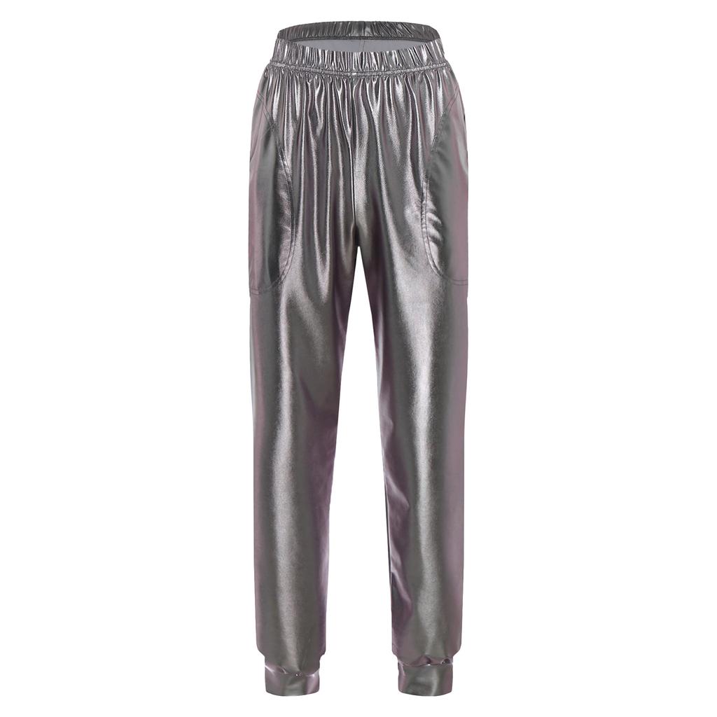 Damen Metallic Tanzhose Hoher Bund Elastischer Bund Lockerer Schnitt Sporthose Glänzender Schimmer Moderne Hose