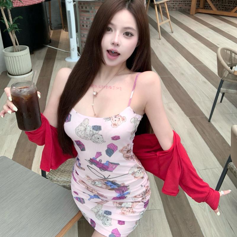 Waist suspender dress female cartoon print design age-reducing hip skirt style summer slim Spice Girl new