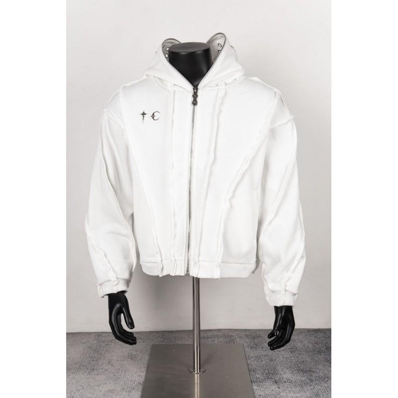Distressed Oversized Hooded Zip-Up Sweatshirt Streetwear Loose Fit Cotton Pullover Men Fall
