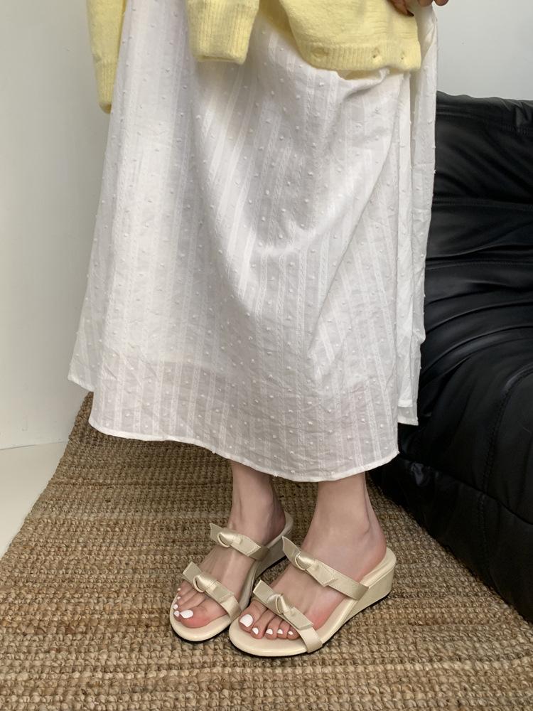 Wedge heel bow open-toed slippers women's outer wear 2025 summer new French fairy style heightening sandals