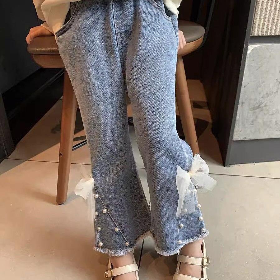 Modische Perlen-Schlagjeans für Mädchen 2025 - Elastische Frühjahrs-/Herbsthosen