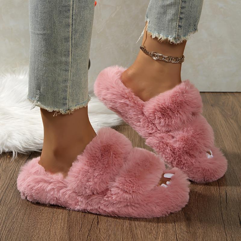 Cozy Plush Faux Fur Slippers with Single Strap and Thick Sole for Indoor Warmth