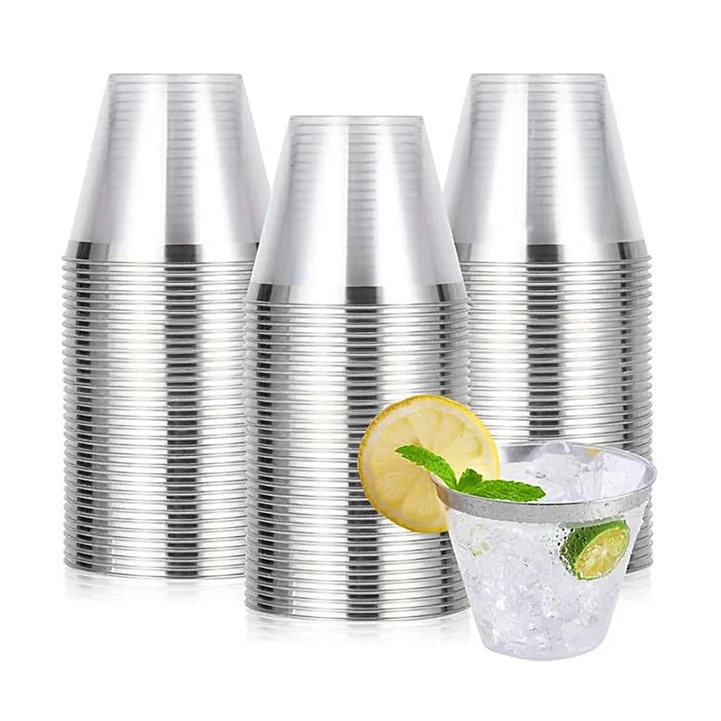 

50 шт. пластиковых стаканов для вечеринок, 9 унций, золотая оправа, многоразовые стаканы для вечеринок, блестящие стаканы для напитков, элегантные бокалы для вина для коктейлей и шампанского 201-300ml серебряный