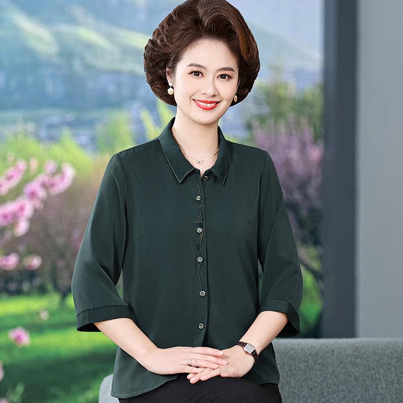 

Chic Summer Lapel Top: 2026 New Arrivals for Middle-aged & Elderly Women - Three-quarter Sleeve Shirt. 5XL (Recommended 150-165 lbs) темно-зелений колір